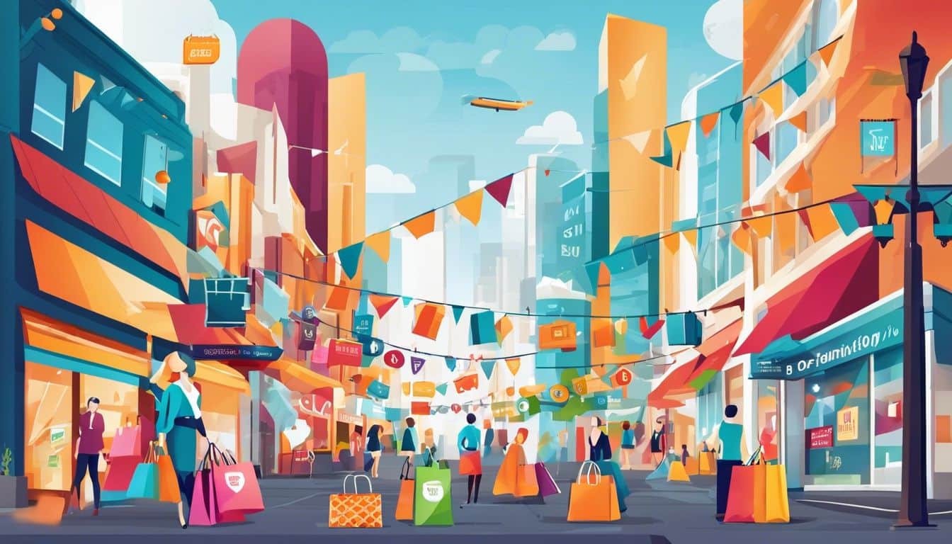 A collection of colorful shopping bags and online store logos against a cityscape background.