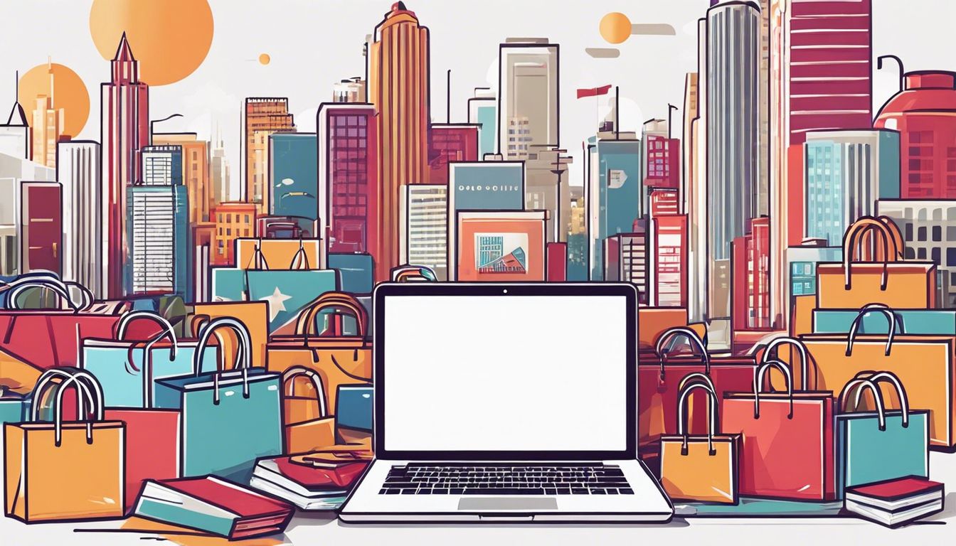 A laptop surrounded by shopping bags, discount coupons, and cityscape photography.