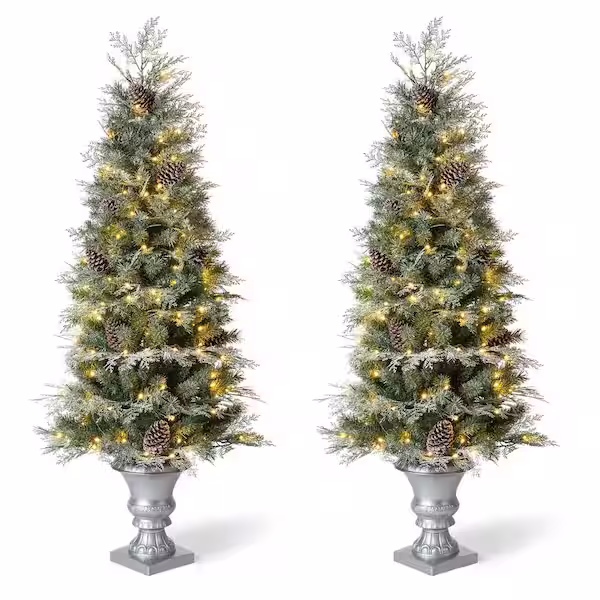 5 ft. Pre-Lit Pine Artificial Christmas Porch Tree with 150 Warm White Lights, Pine Cones, and Red Berries (2-Pack)
